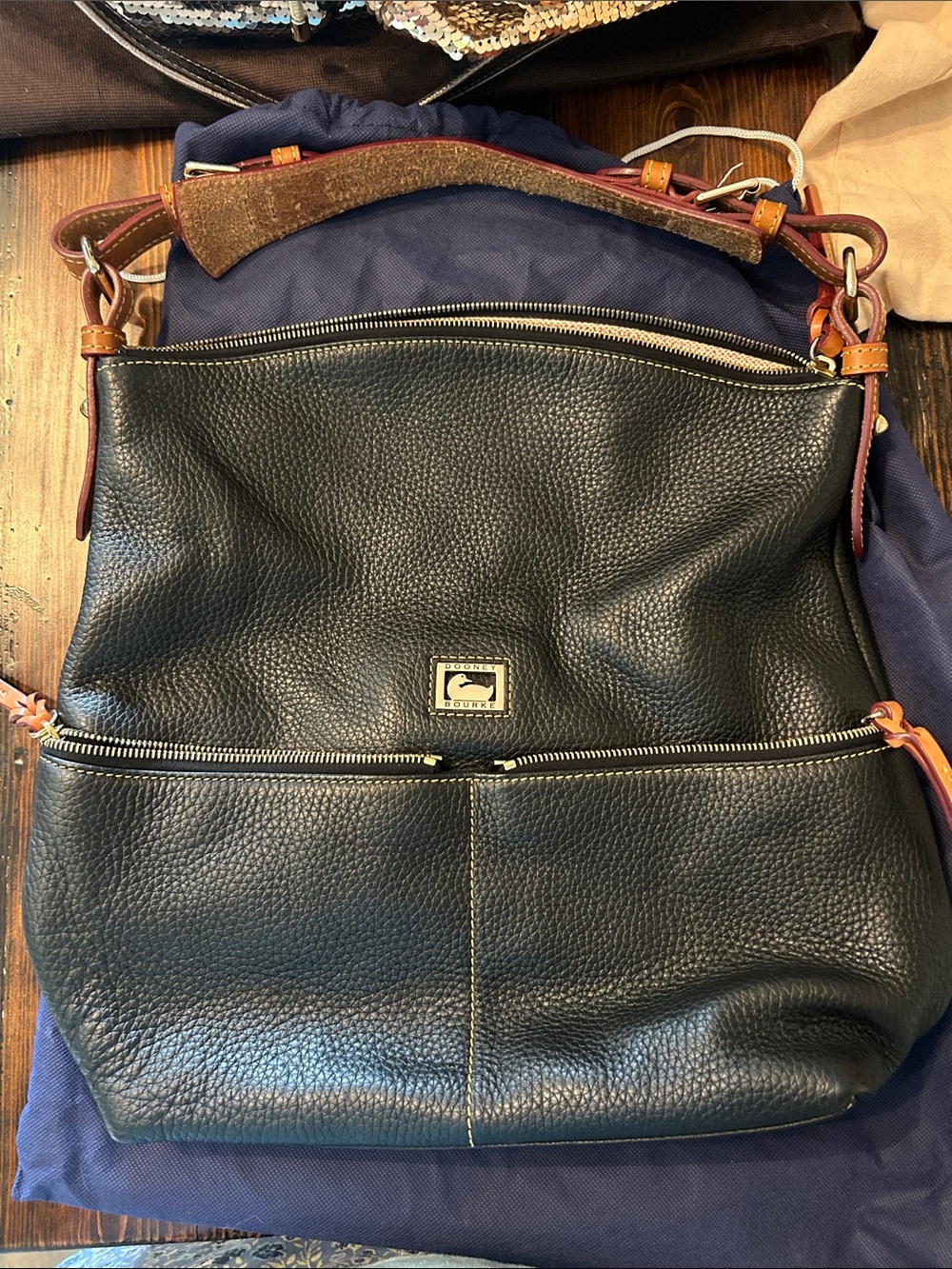 Dooney & Bourke Black Pebbled Leather Shoulder Bag with Tan Trim